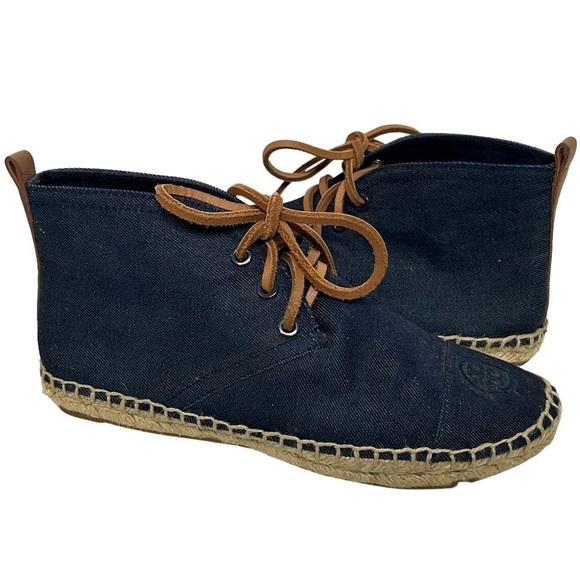 Tory Burch Navy Canvas Espadrille Lace Up Ankle Bootie Flats - Picture 4 of 16